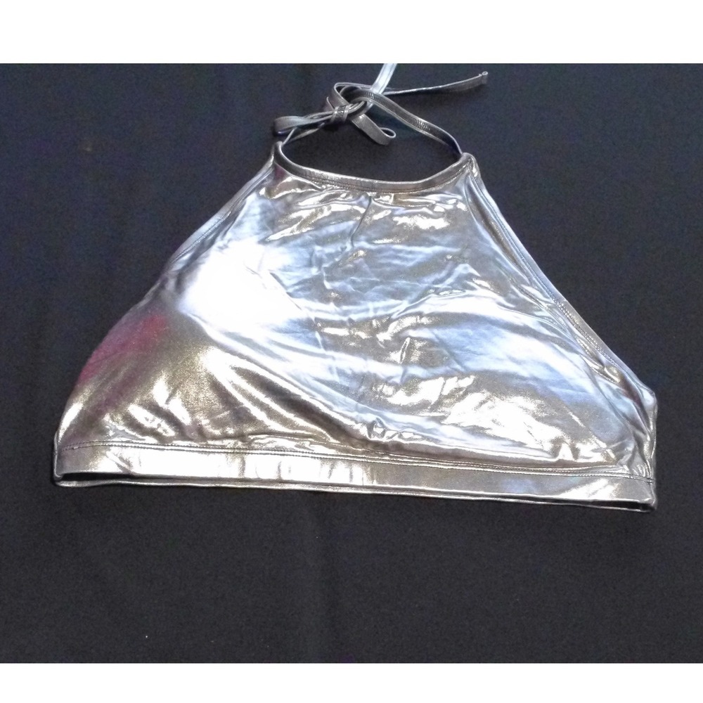 Metallic Silver Halter Neck Crop Top Liquid Foil Festival Rave Wear Shiny Tank M - Picture 1 of 5